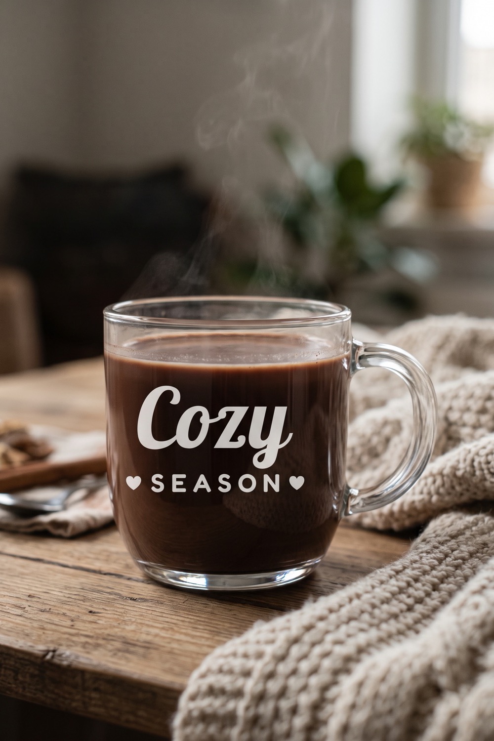 AI-generated picture of a mug with the cut design "Cozy Season"