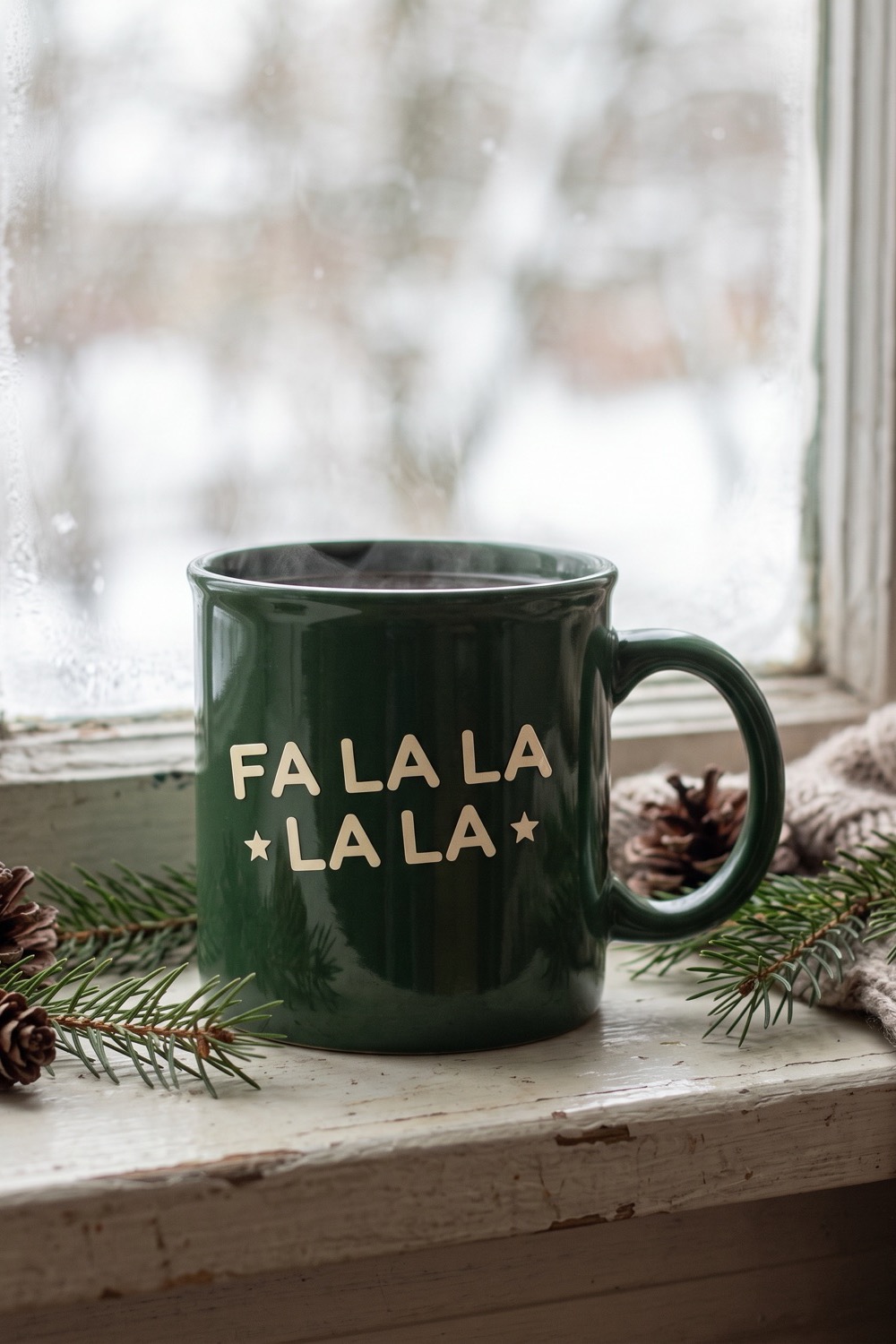 AI-generated picture of a mug with the cut design "Fa La La La La"