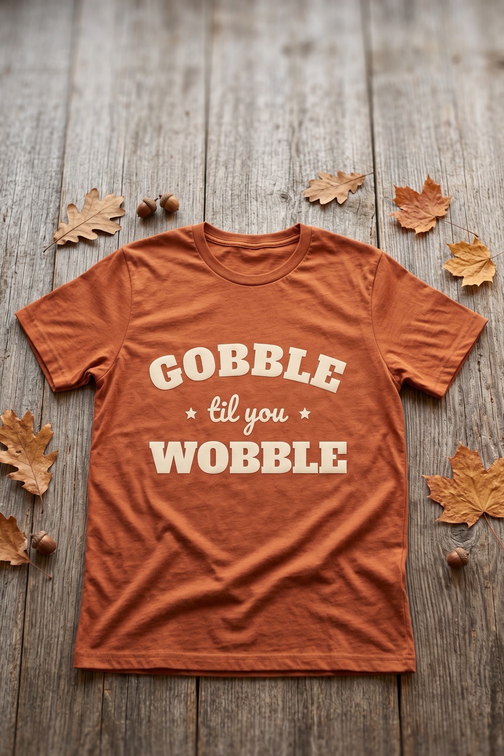 AI-generated picture of a shirt with the cut design "Gobble Til You Wobble"