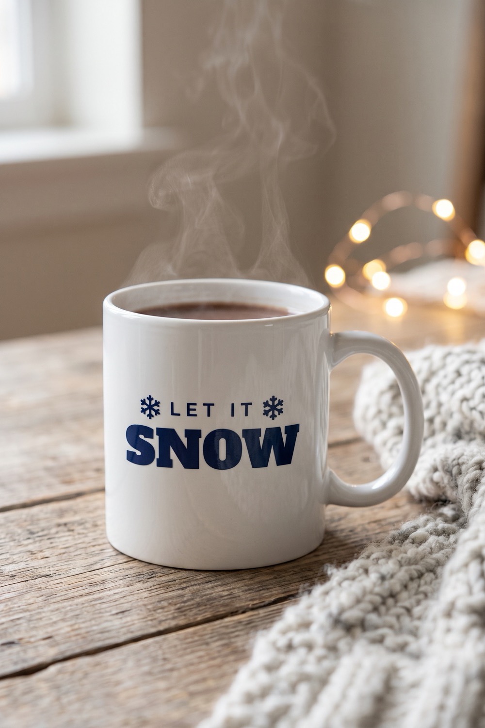 AI-generated picture of a mug with the cut design "Let It Snow"
