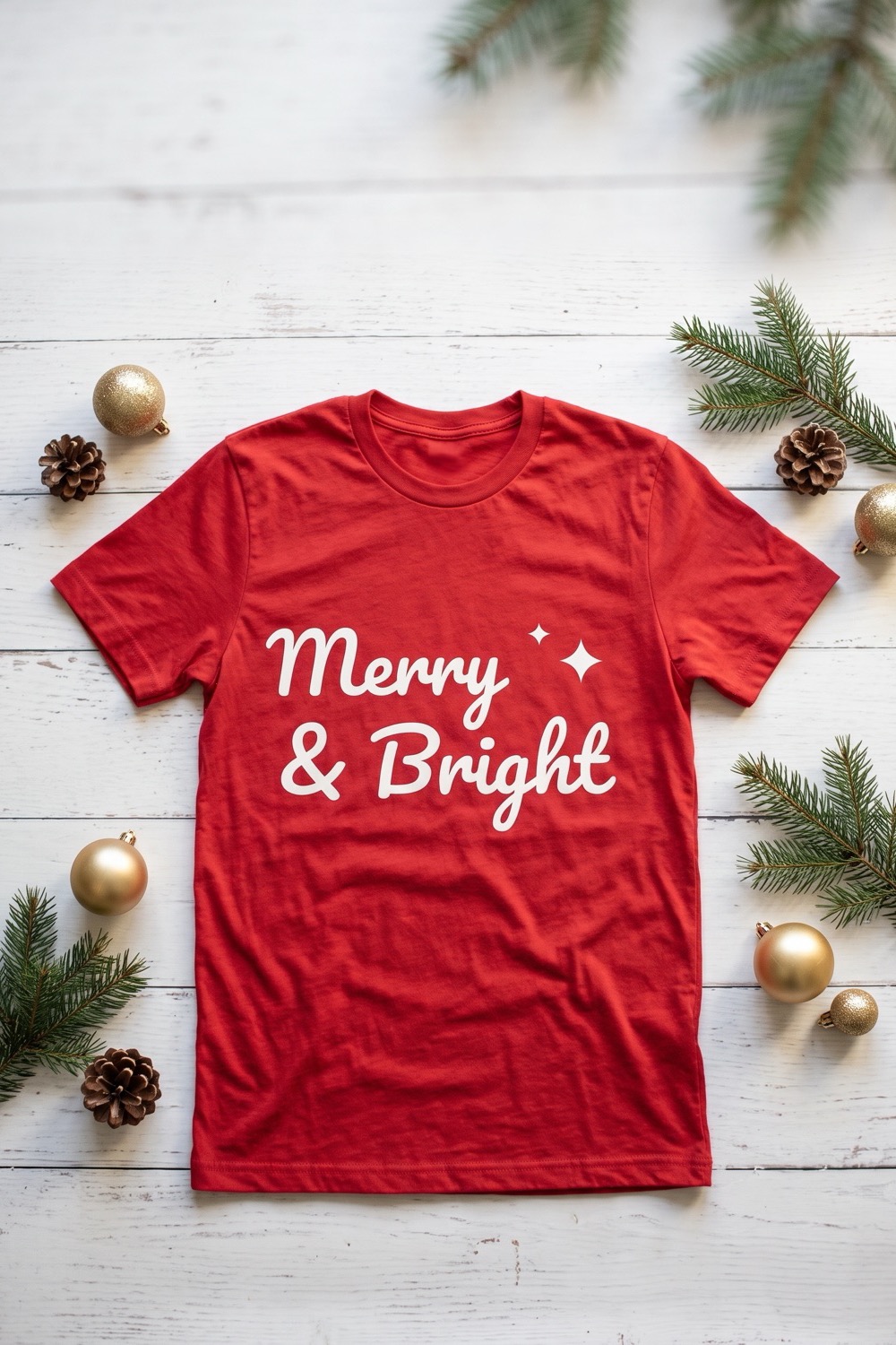 AI-generated picture of a shirt with the cut design "Merry & Bright", one of the designs in this roundup