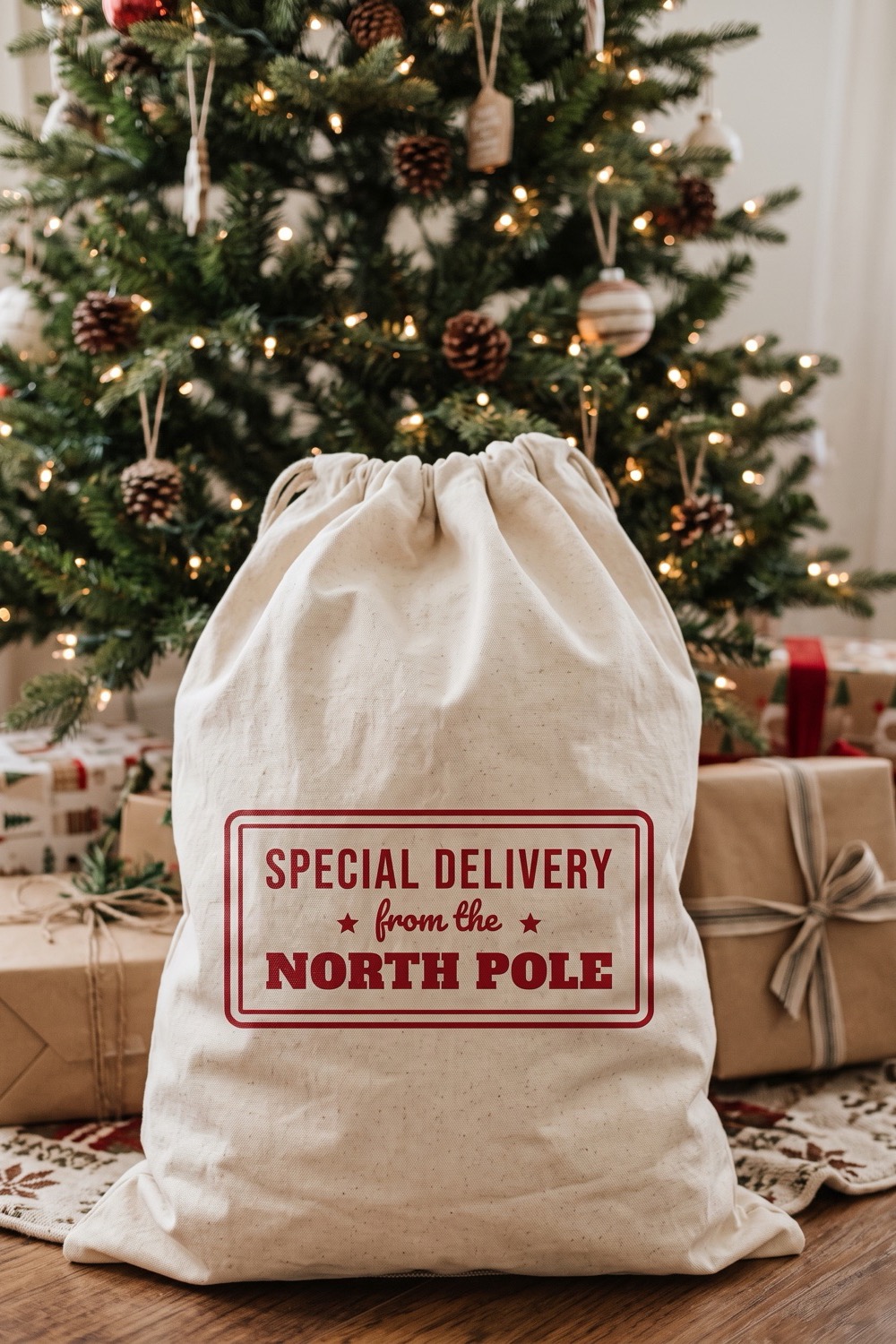 AI-generated picture of a canvas gift sack under a Christmas tree with red Special Delivery from the North Pole lettering