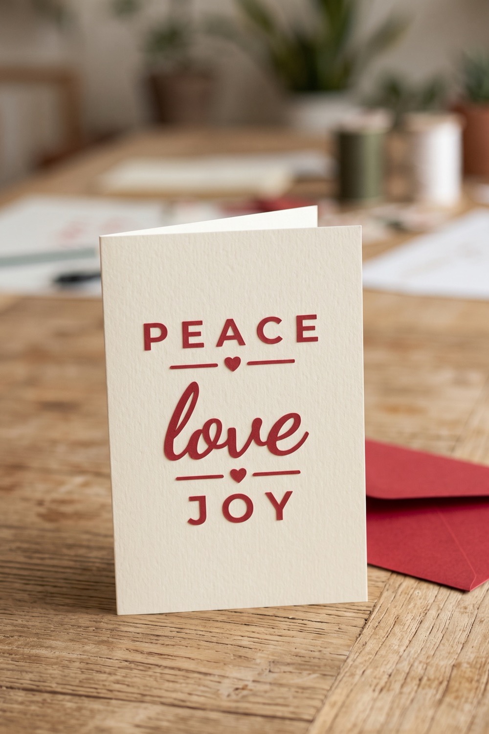 AI-generated picture of a card with the cut design "Peace Love Joy"