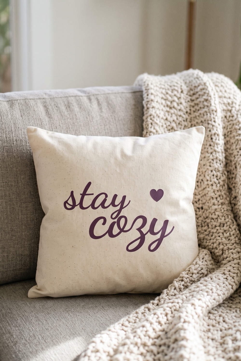 AI-generated picture of a pillow with the cut design "Stay Cozy"