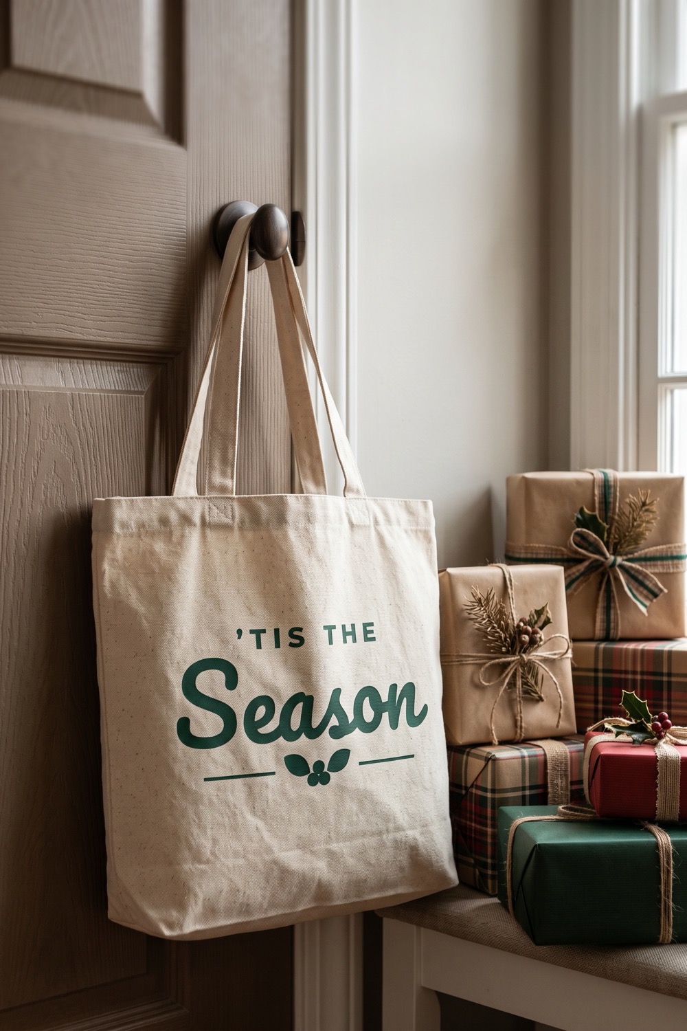 AI-generated picture of a tote bag with the cut design "'Tis the Season"